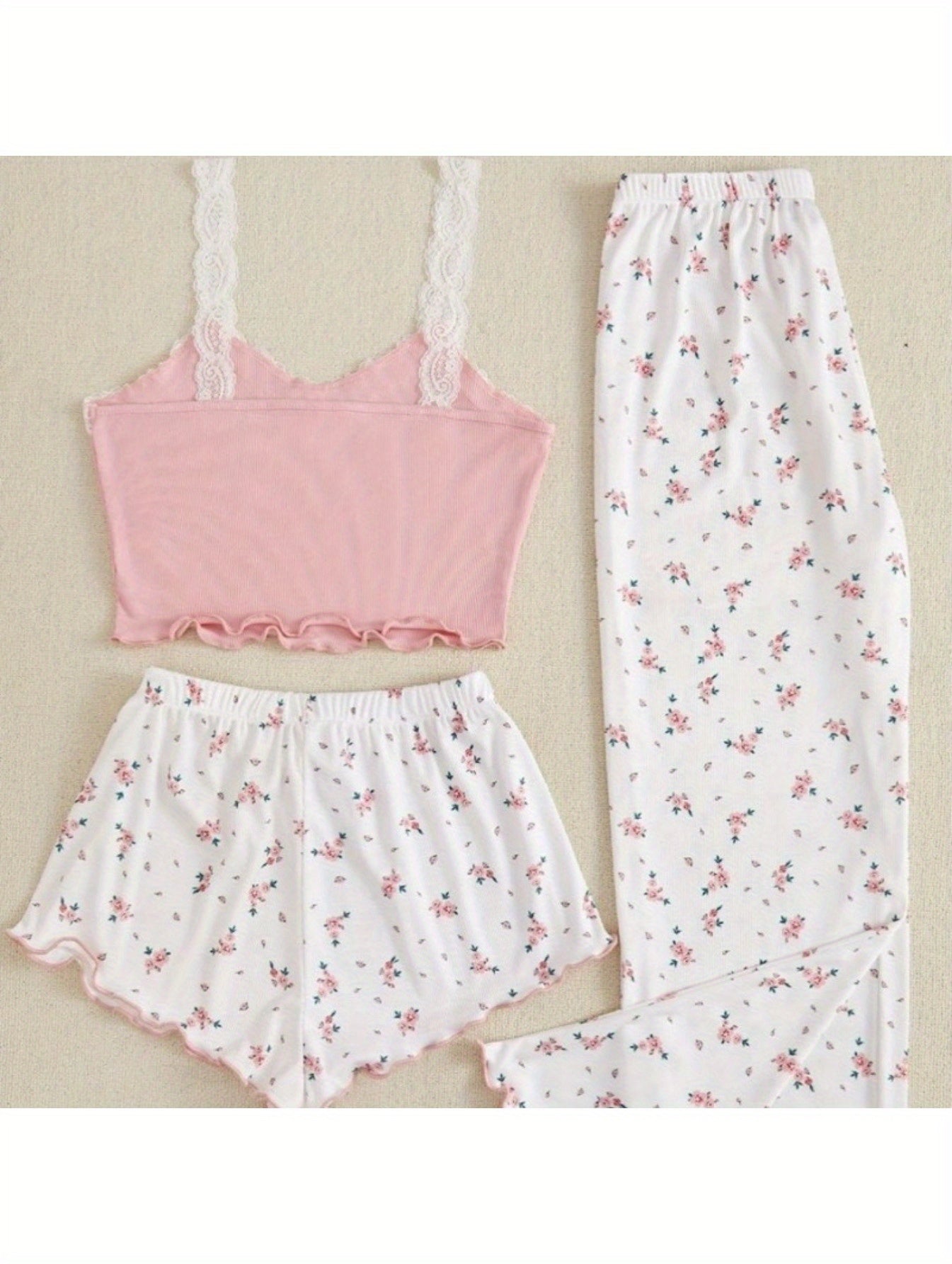 Summer small floral three-piece pajamas women's spring summer pit strip cotton V-neck lace halter shorts and trousers home wear