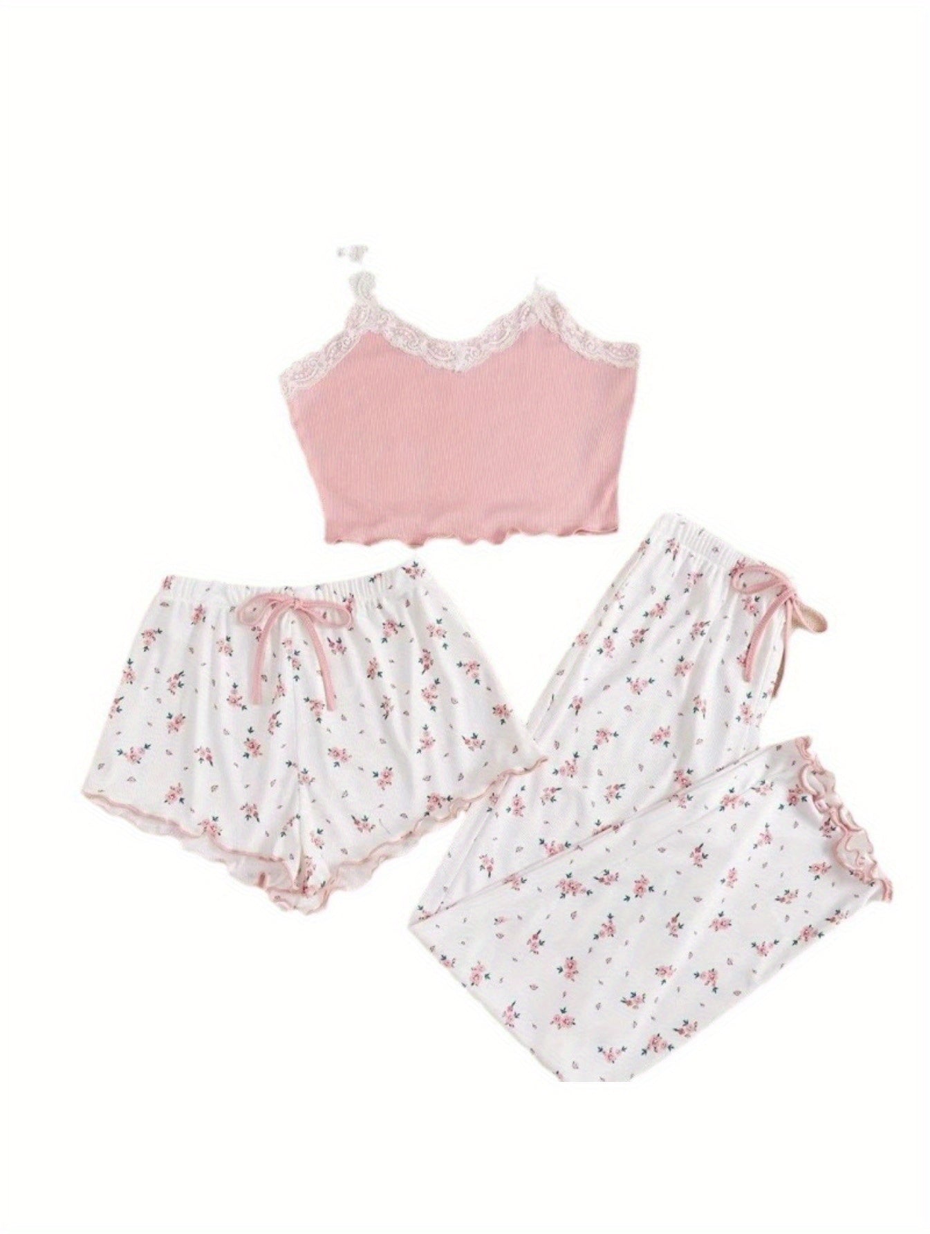 Summer small floral three-piece pajamas women's spring summer pit strip cotton V-neck lace halter shorts and trousers home wear