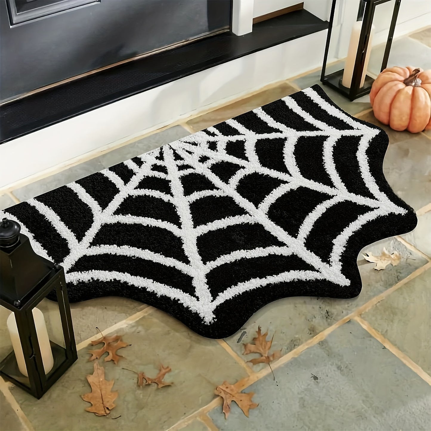 Halloween Black Spider Web Rug Gothic Home Decor Spiderweb Rug  Non-Slip Tufted Mats Machine Washable Goth Bath Mat Area Rugs for Halloween Front Door Porch Indoor