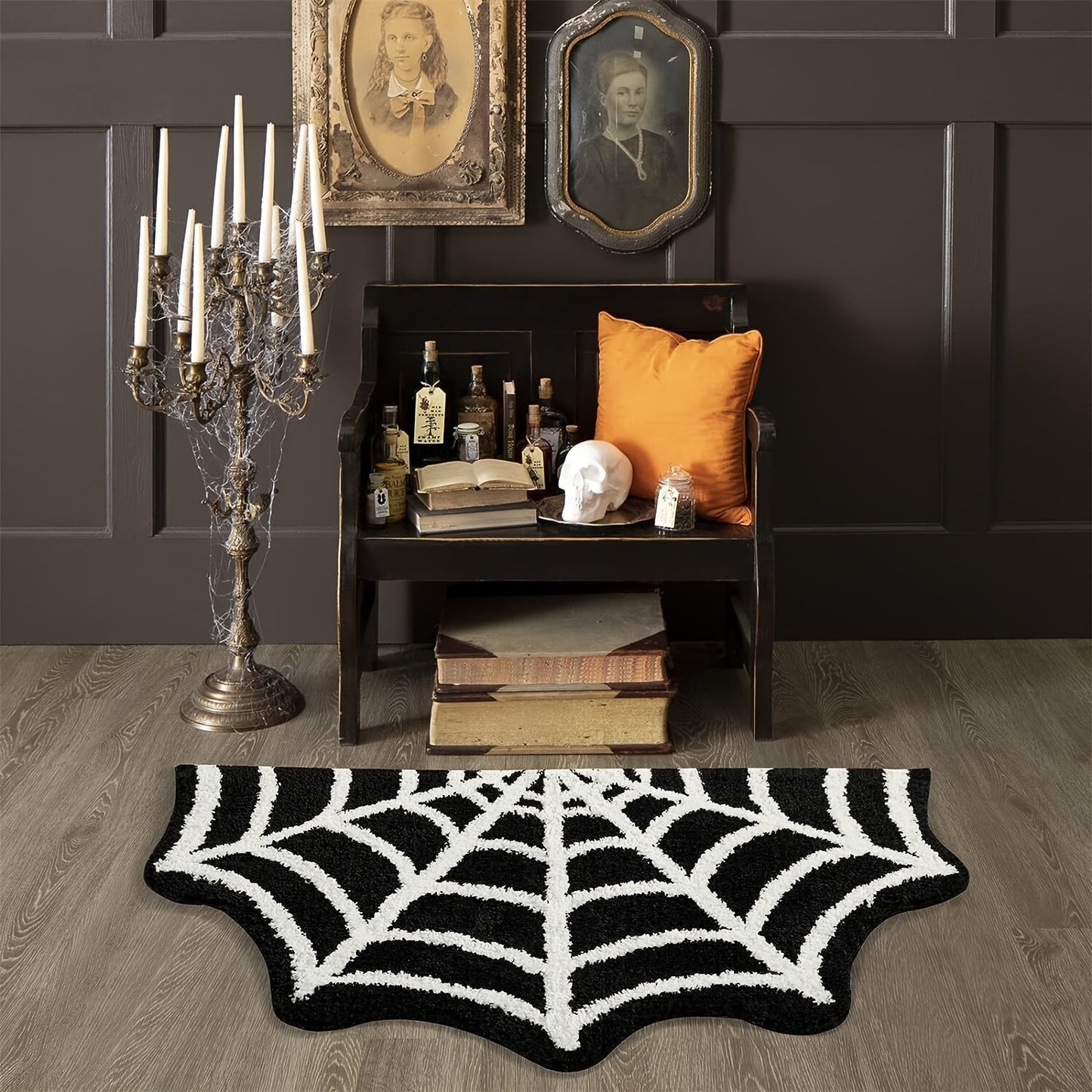 Halloween Black Spider Web Rug Gothic Home Decor Spiderweb Rug  Non-Slip Tufted Mats Machine Washable Goth Bath Mat Area Rugs for Halloween Front Door Porch Indoor