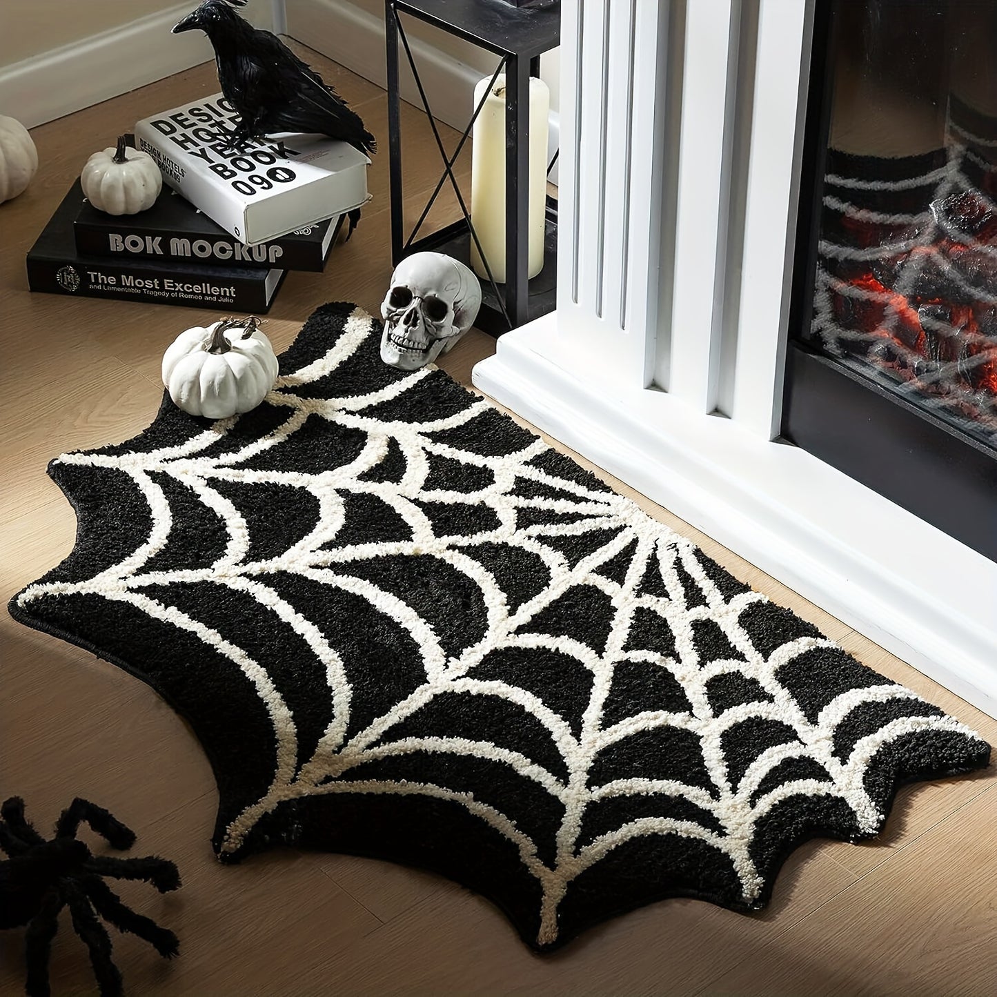 Halloween Black Spider Web Rug Gothic Home Decor Spiderweb Rug  Non-Slip Tufted Mats Machine Washable Goth Bath Mat Area Rugs for Halloween Front Door Porch Indoor