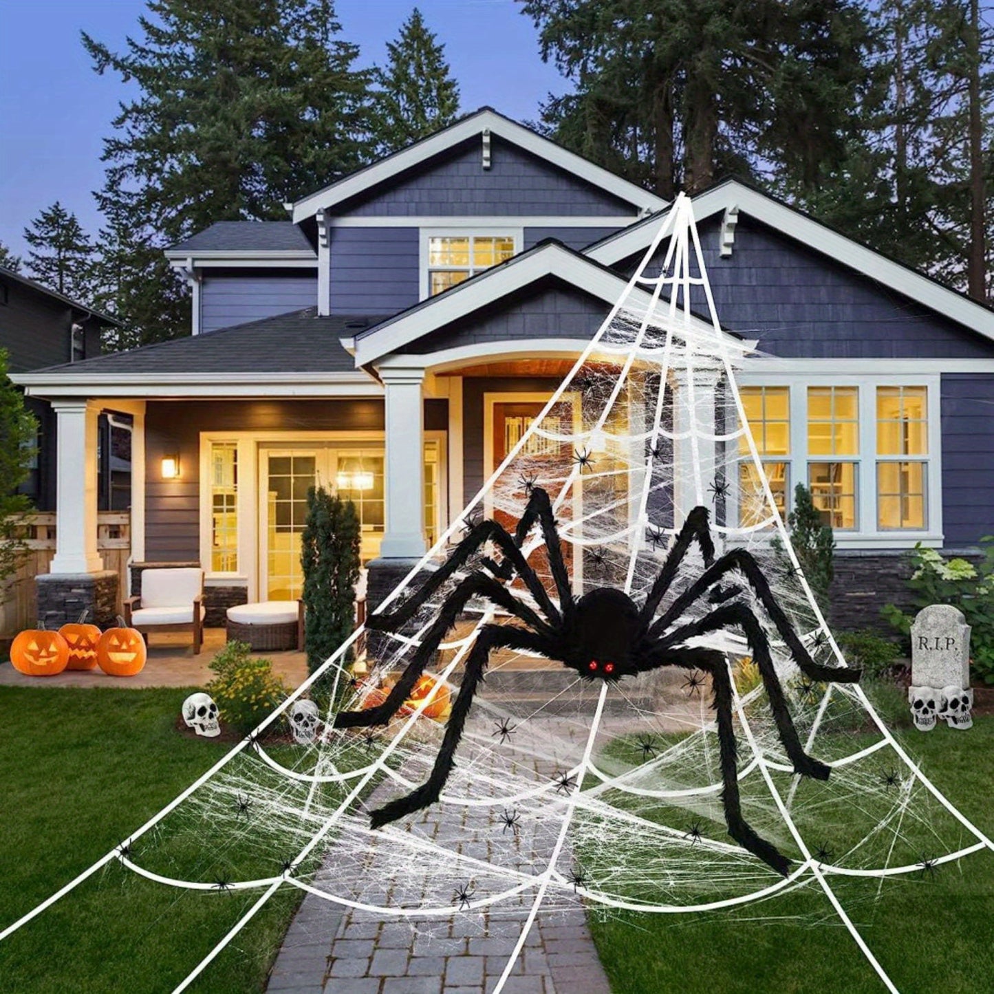 Halloween Spider Web + Giant Spider Decorations Fake Spider with Triangular Huge Spider Web for Indoor Outdoor Halloween Decorations Yard Home Costumes Parties Haunted House Décor