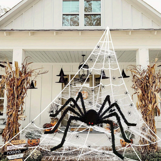 Halloween Spider Web + Giant Spider Decorations Fake Spider with Triangular Huge Spider Web for Indoor Outdoor Halloween Decorations Yard Home Costumes Parties Haunted House Décor