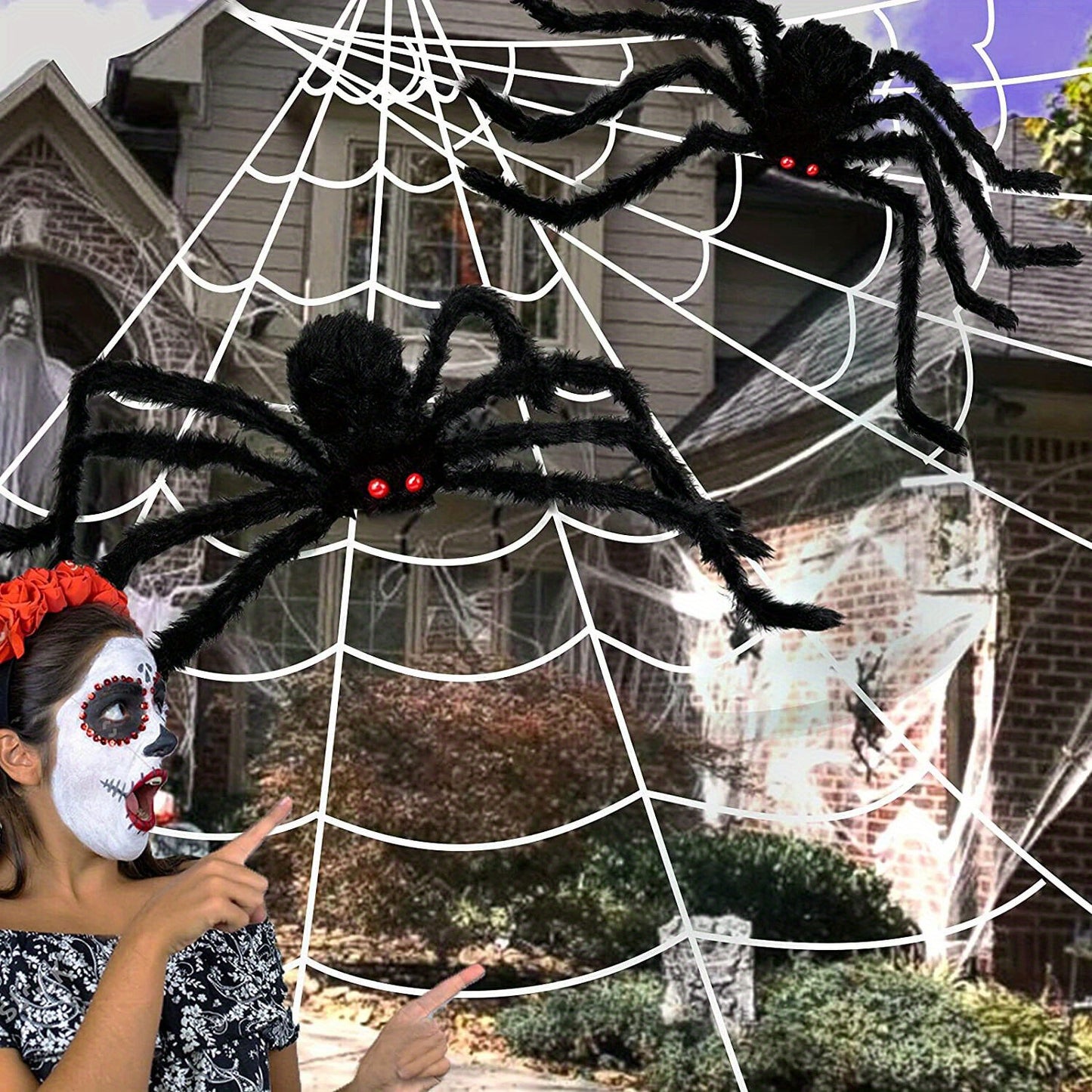 Giant 3ft Halloween Spider with Adjustable Legs - Realistic Black Plush Cobweb Decor for Haunted House, Yard & Party - Durable & Reusable