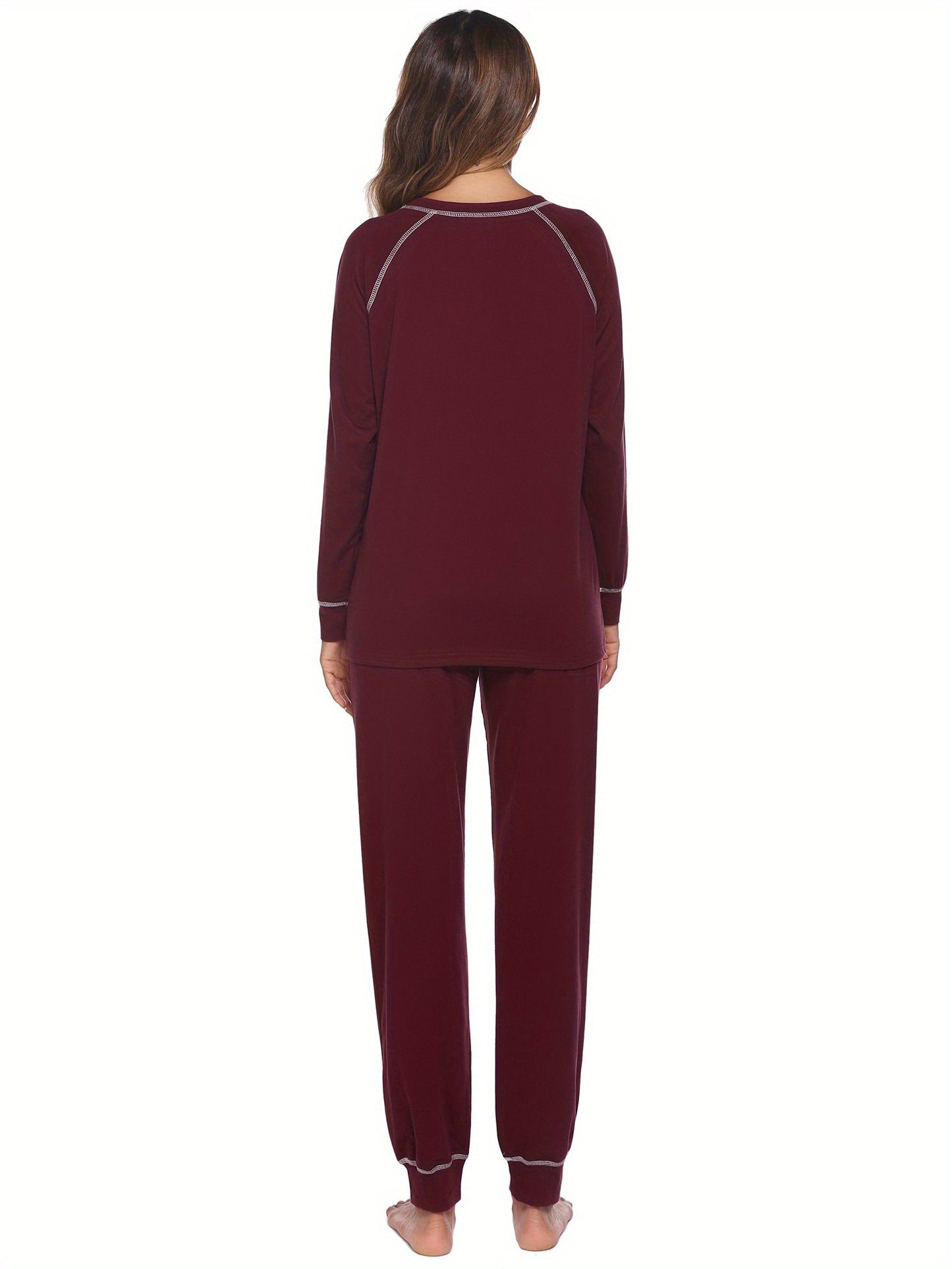 Women's Soft Comfortable Seam Show Pajama Set For Fall & Winter - Long Sleeve Round Neck Top And Jogger Pants - 2 Piece Sleepwear