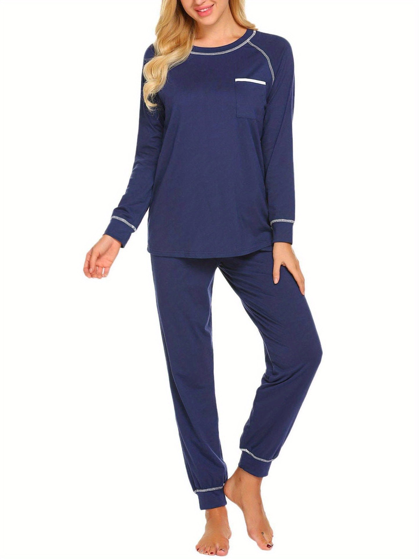 Women's Soft Comfortable Seam Show Pajama Set For Fall & Winter - Long Sleeve Round Neck Top And Jogger Pants - 2 Piece Sleepwear