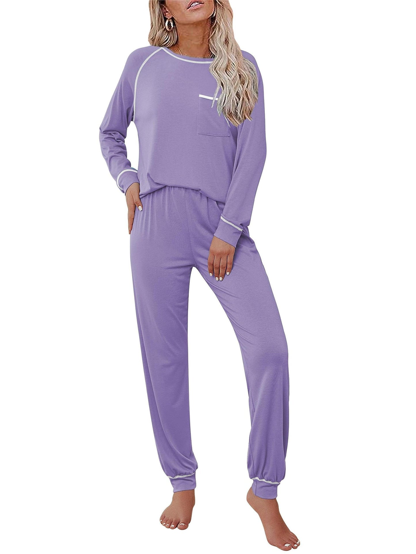 Women's Soft Comfortable Seam Show Pajama Set For Fall & Winter - Long Sleeve Round Neck Top And Jogger Pants - 2 Piece Sleepwear