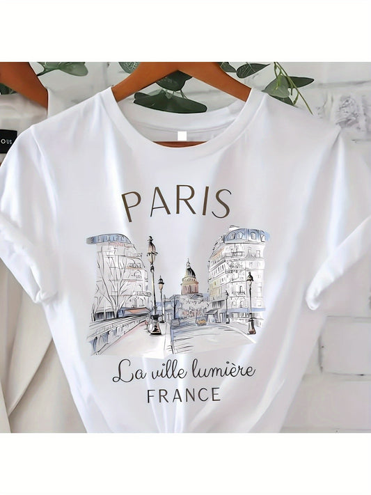 Summer Women's Front Printed Short Sleeve T Shirt Top Comfortable Breathable Fabric Casual Sport Style Paris 4