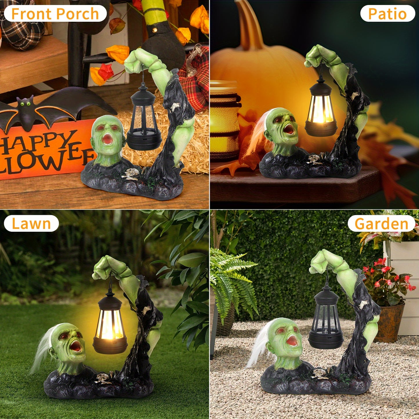 Halloween Garden Decoration - Green Ghost Head Statue with Solar Light for Outdoor, Holiday, Parties, Indoors, Yards, Gardens, Lawns