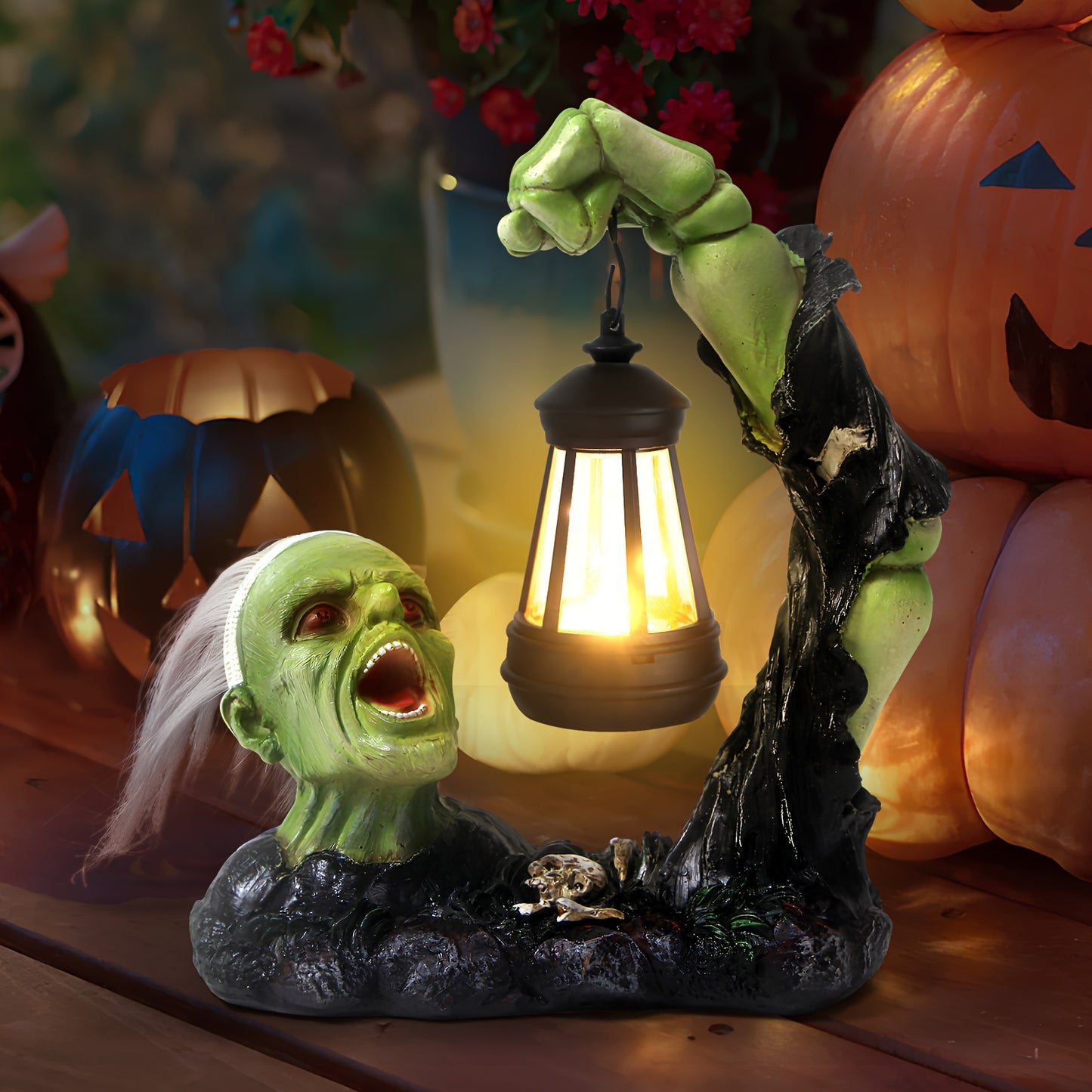 Halloween Garden Decoration - Green Ghost Head Statue with Solar Light for Outdoor, Holiday, Parties, Indoors, Yards, Gardens, Lawns