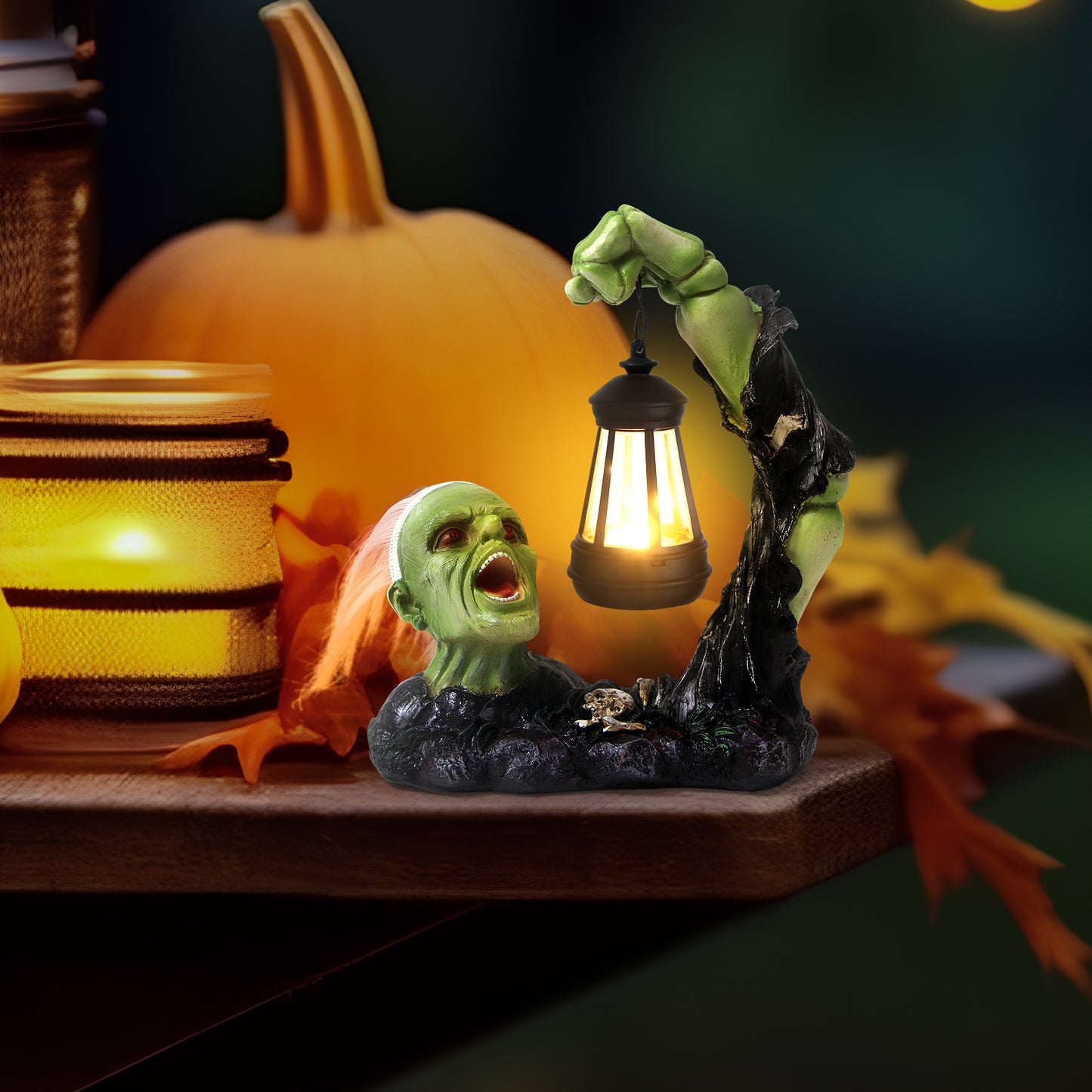 Halloween Garden Decoration - Green Ghost Head Statue with Solar Light for Outdoor, Holiday, Parties, Indoors, Yards, Gardens, Lawns