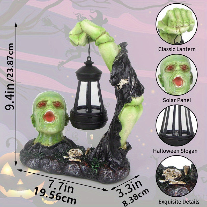 Halloween Garden Decoration - Green Ghost Head Statue with Solar Light for Outdoor, Holiday, Parties, Indoors, Yards, Gardens, Lawns