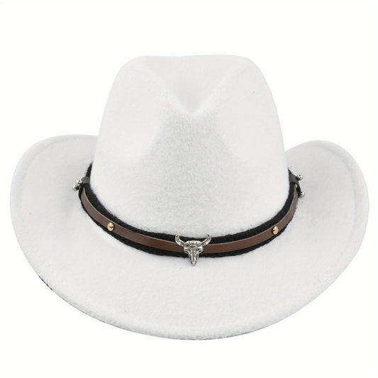 Women Men Western Cowboy Hat, Retro Vintage Jazz Hat Autumn Winter Wide Brim Adult Bull Hat