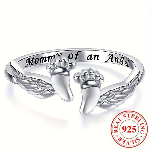 925 sterling silver ring with adjustable cuffs and wings and small foot design, perfect gift for new mothers in everyday clothing, 3g/ 0.11oz