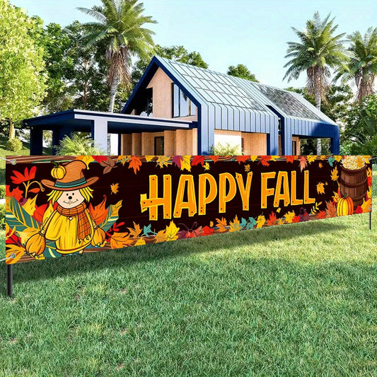 Happy Fall Banner - 1pc, Autumn Harvest & Thanksgiving Decor with Maple Leaves, Pumpkins, and Scarecrow Design for Outdoor Patio and Garden