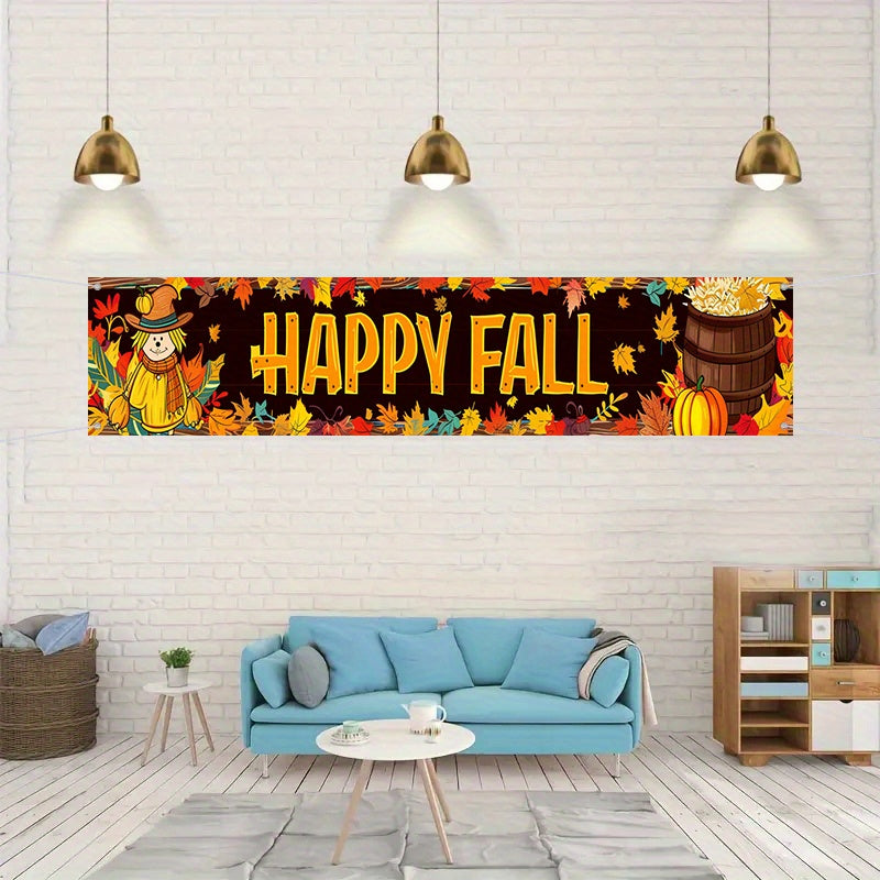 Happy Fall Banner - 1pc, Autumn Harvest & Thanksgiving Decor with Maple Leaves, Pumpkins, and Scarecrow Design for Outdoor Patio and Garden