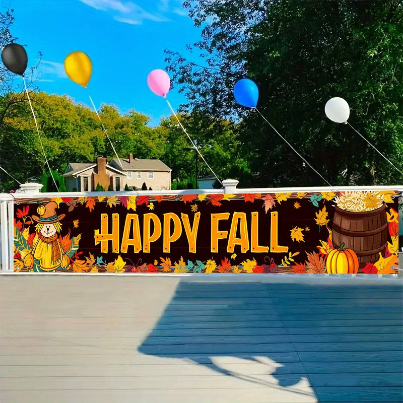 Happy Fall Banner - 1pc, Autumn Harvest & Thanksgiving Decor with Maple Leaves, Pumpkins, and Scarecrow Design for Outdoor Patio and Garden