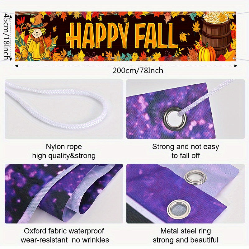 Happy Fall Banner - 1pc, Autumn Harvest & Thanksgiving Decor with Maple Leaves, Pumpkins, and Scarecrow Design for Outdoor Patio and Garden