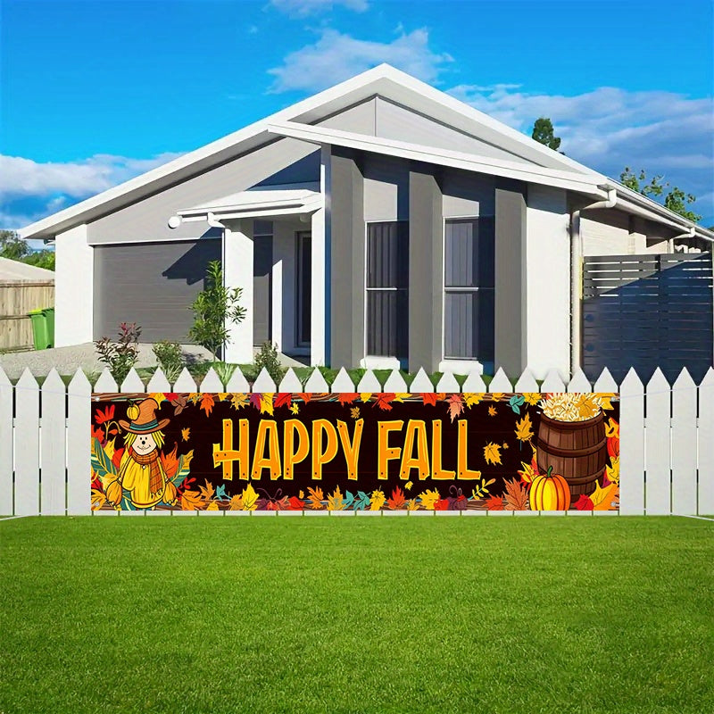 Happy Fall Banner - 1pc, Autumn Harvest & Thanksgiving Decor with Maple Leaves, Pumpkins, and Scarecrow Design for Outdoor Patio and Garden