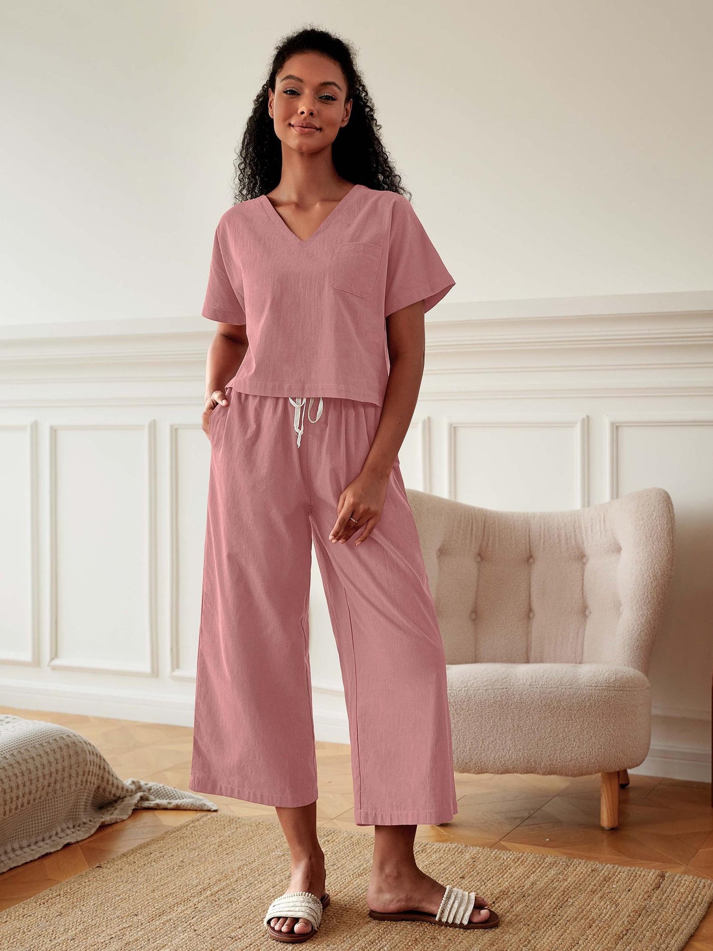 two piece sets for women summer lingerie for women lounge sets  women WomenPajamas Set Ruffle Sleeves Sleepwear V Neck Loungewear Set Women 100% Cotton Linen Lounge Set Short Sleeve Top Pajamas Wide Leg Pants Loungewear Outfits Pocket S-XXL