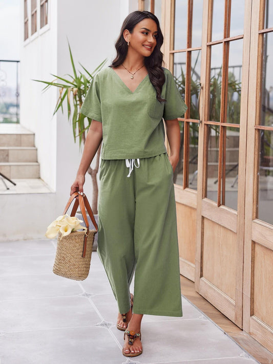 two piece sets for women summer lingerie for women lounge sets  women WomenPajamas Set Ruffle Sleeves Sleepwear V Neck Loungewear Set Women 100% Cotton Linen Lounge Set Short Sleeve Top Pajamas Wide Leg Pants Loungewear Outfits Pocket S-XXL