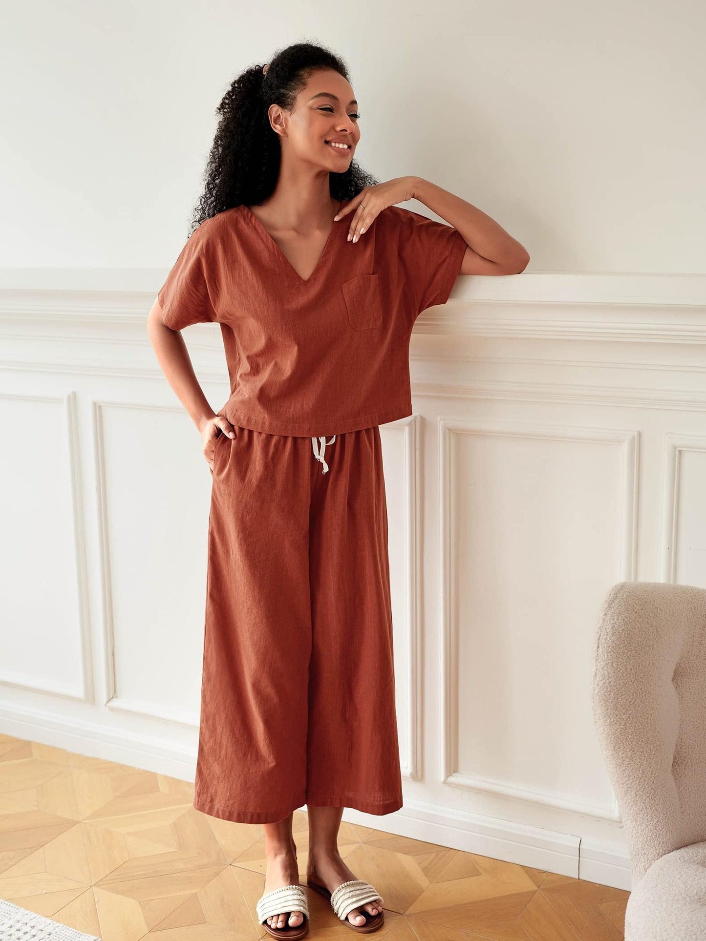 two piece sets for women summer lingerie for women lounge sets  women WomenPajamas Set Ruffle Sleeves Sleepwear V Neck Loungewear Set Women 100% Cotton Linen Lounge Set Short Sleeve Top Pajamas Wide Leg Pants Loungewear Outfits Pocket S-XXL