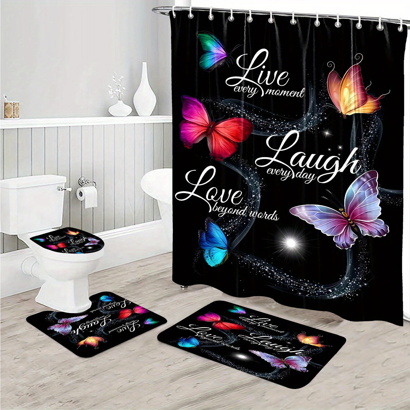 Elegant Letter Butterfly Bath Curtain Set with Rug and Accessories