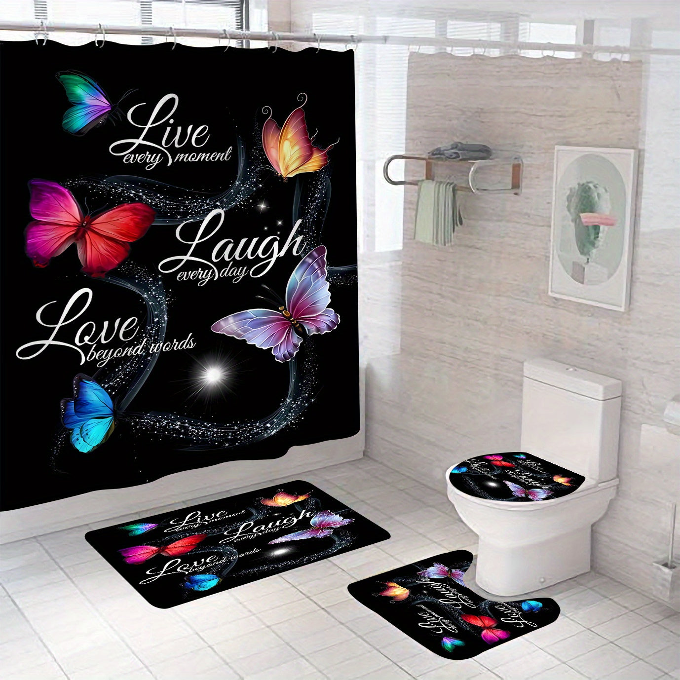 Elegant Letter Butterfly Bath Curtain Set with Rug and Accessories