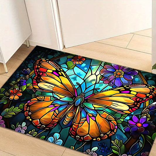 1 PC, outdoor carpet at the entrance, polyester floor mat carpet, crystal colored butterfly pattern anti slip door mat, hallway kitchen bathroom balcony mat, bathroom mat outdoor carpet, home indoor and outdoor decoration carpet mat