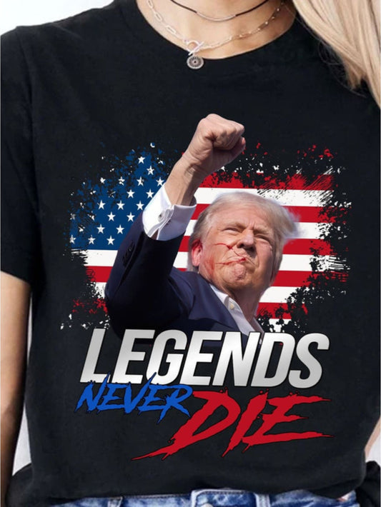 Legend Never Die Trump T-Shirt Patriotic American Flag Graphic Tee for Men Bold Statement Design Casual Political Streetwear Top