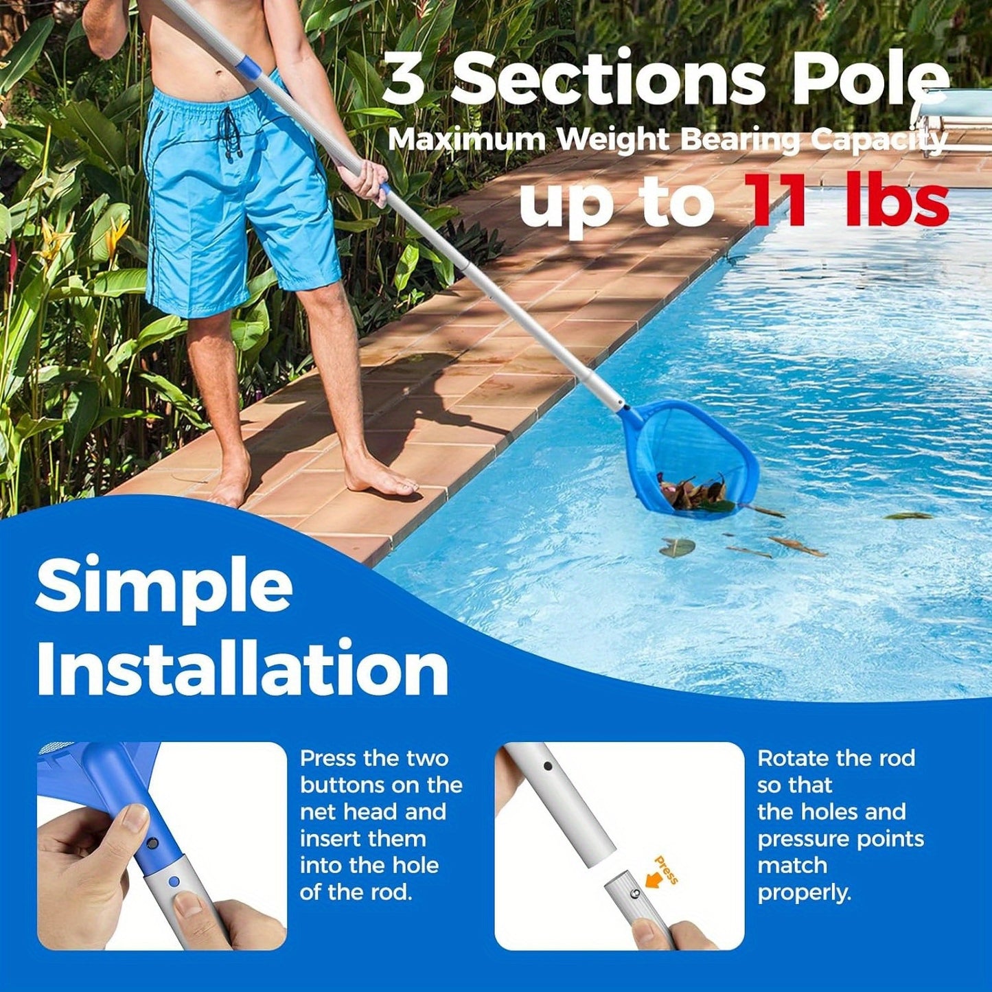 Swimming Pool Skimmer Nets Leaf Rake Mesh with Telescopic Pole Pond Cleaning Nets Rubbish Removal Ponds Cleaning Debris Tools