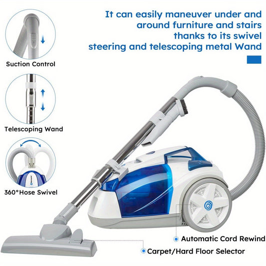 Bagless Canister Vacuum Portable Cyclonic Corded Vacuum Cleaner with Washable HEPA Filter & Automatic 16ft Cord