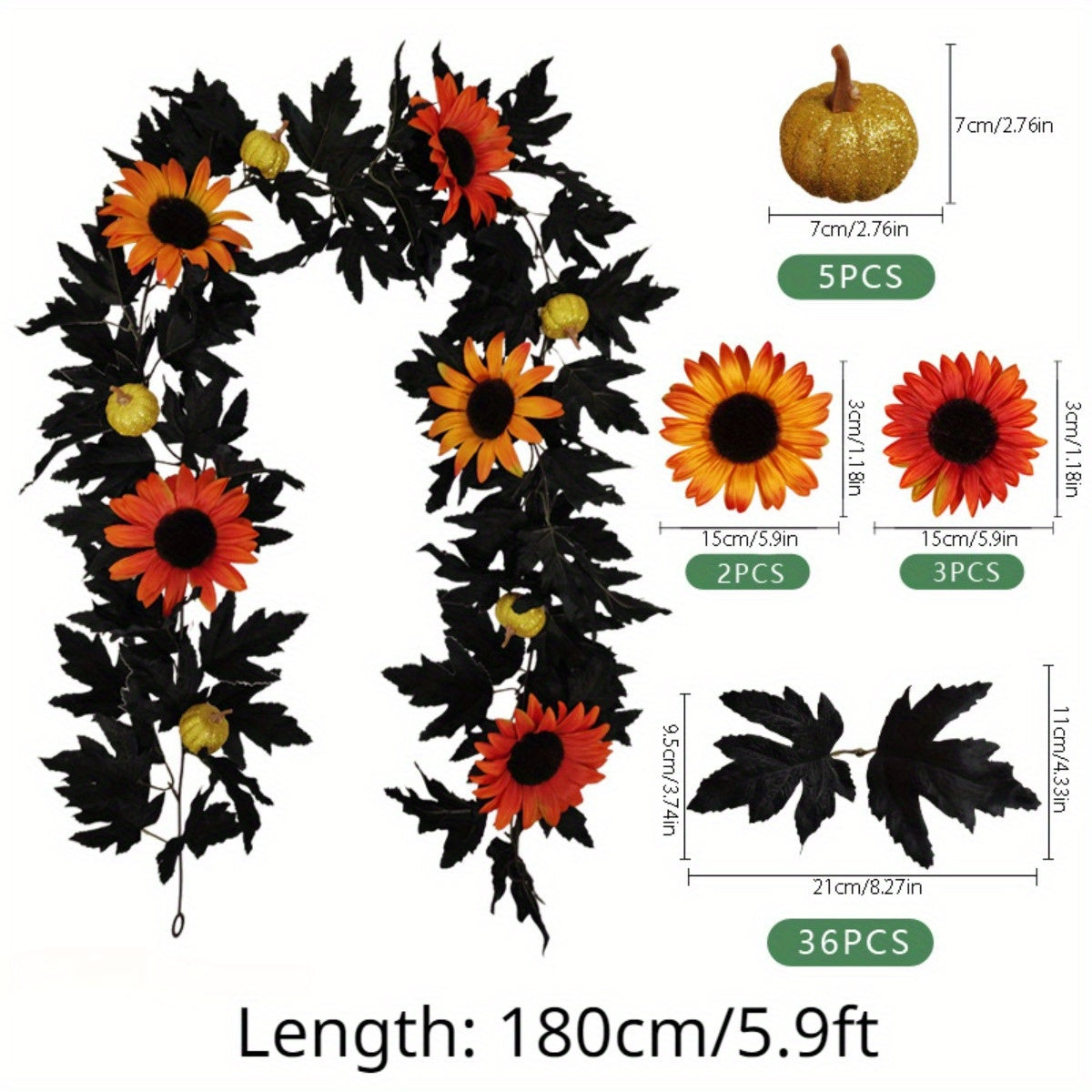 Halloween Fall Maple Leaf Garland Decoration Hanging 5.9 Ft Black Maple Leaves Vine Artificial Garland with 5 Glitter Pumpkins 5 Sunflowers Halloween Decor Outdoor Indoor Home Fireplace Decor