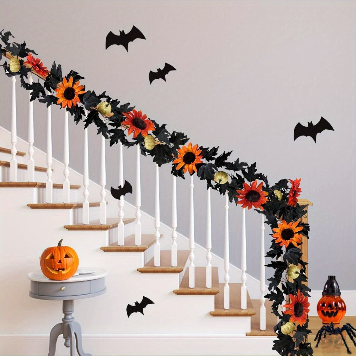 Halloween Fall Maple Leaf Garland Decoration Hanging 5.9 Ft Black Maple Leaves Vine Artificial Garland with 5 Glitter Pumpkins 5 Sunflowers Halloween Decor Outdoor Indoor Home Fireplace Decor