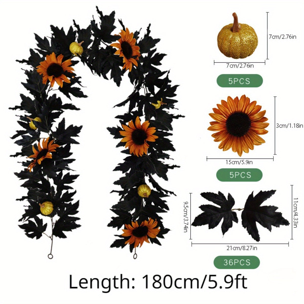 Halloween Fall Maple Leaf Garland Decoration Hanging 5.9 Ft Black Maple Leaves Vine Artificial Garland with 5 Glitter Pumpkins 5 Sunflowers Halloween Decor Outdoor Indoor Home Fireplace Decor