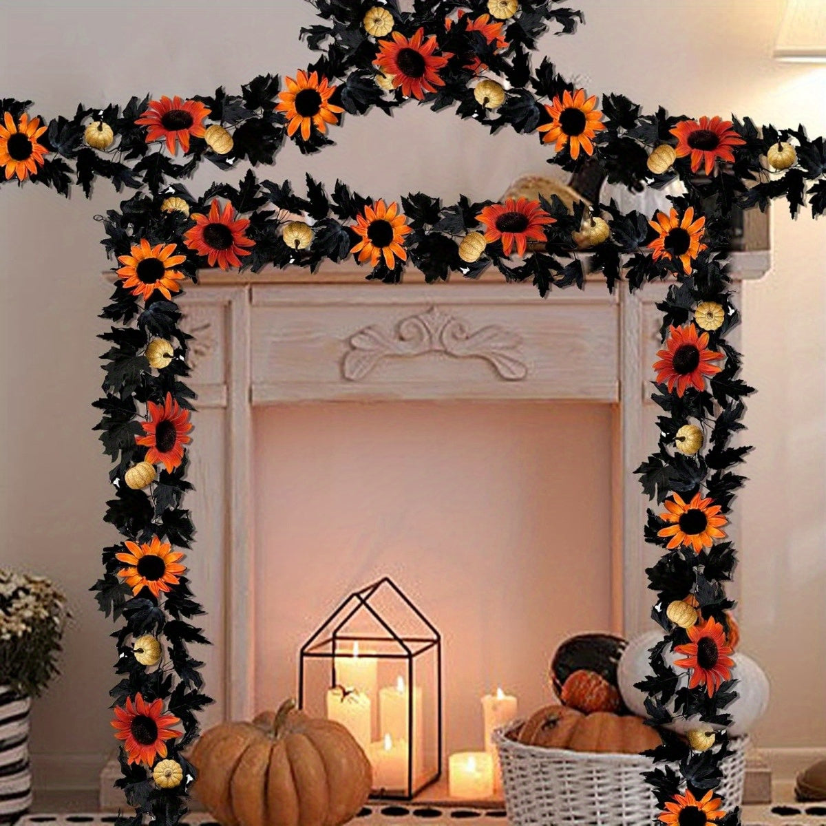 Halloween Fall Maple Leaf Garland Decoration Hanging 5.9 Ft Black Maple Leaves Vine Artificial Garland with 5 Glitter Pumpkins 5 Sunflowers Halloween Decor Outdoor Indoor Home Fireplace Decor