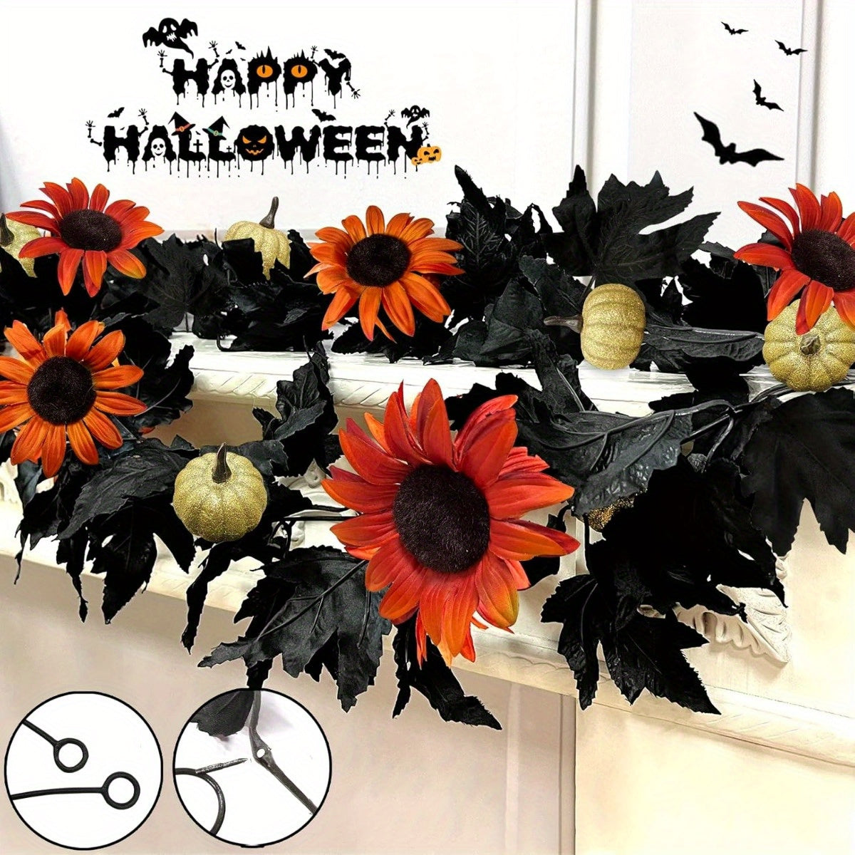 Halloween Fall Maple Leaf Garland Decoration Hanging 5.9 Ft Black Maple Leaves Vine Artificial Garland with 5 Glitter Pumpkins 5 Sunflowers Halloween Decor Outdoor Indoor Home Fireplace Decor