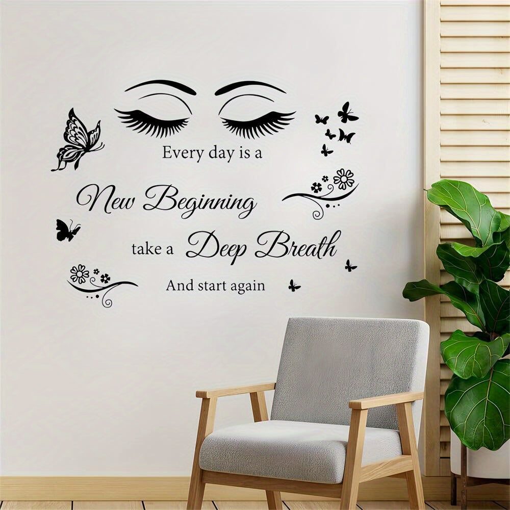 Every Day is a New Beginning" Inspirational Quote Wall Decal - Butterfly Eye Art, Removable PVC Sticker for Living Room, Office, School Decor, 24x26 inches