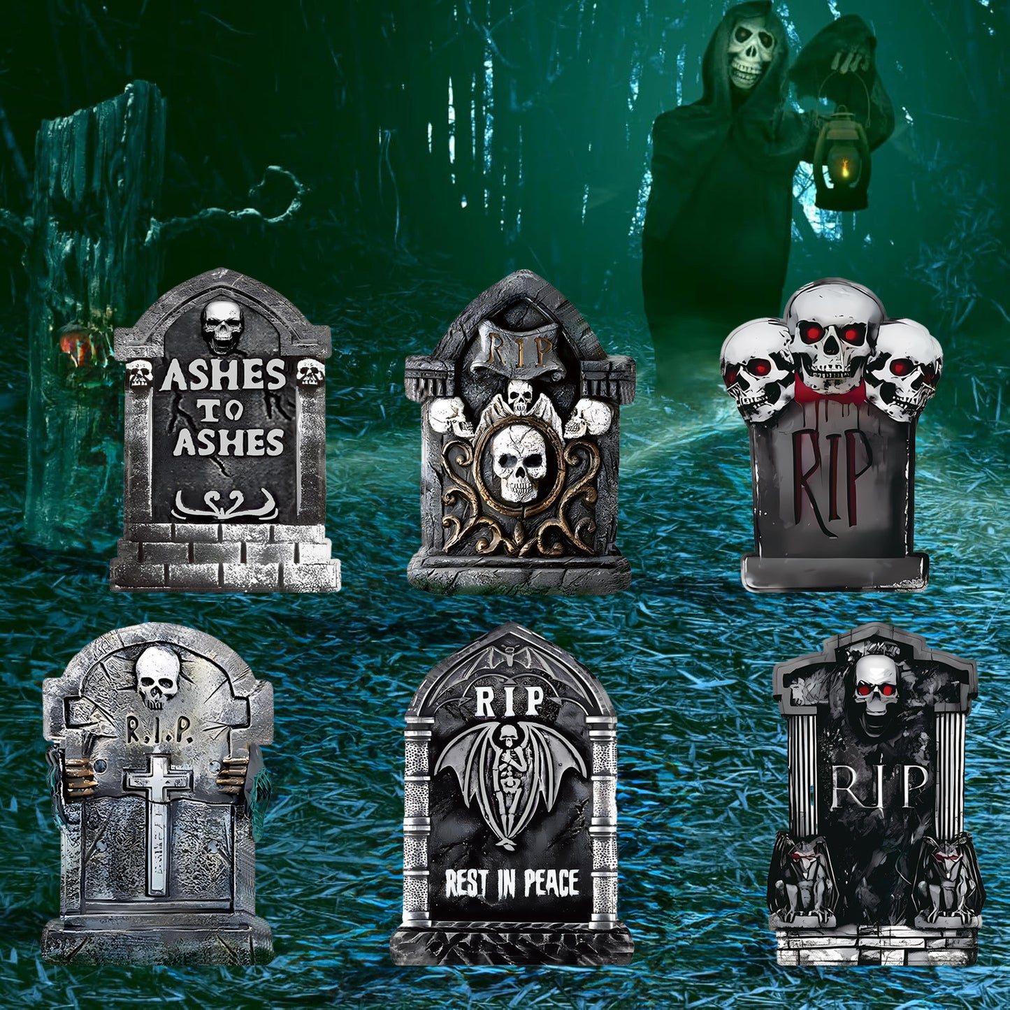 Halloween Foam RIP Tombstones, 6 Pack 15.7" Graveyard Headstone Decorations Outdoor for Halloween Lawn Yard Garden Tombstone Decor