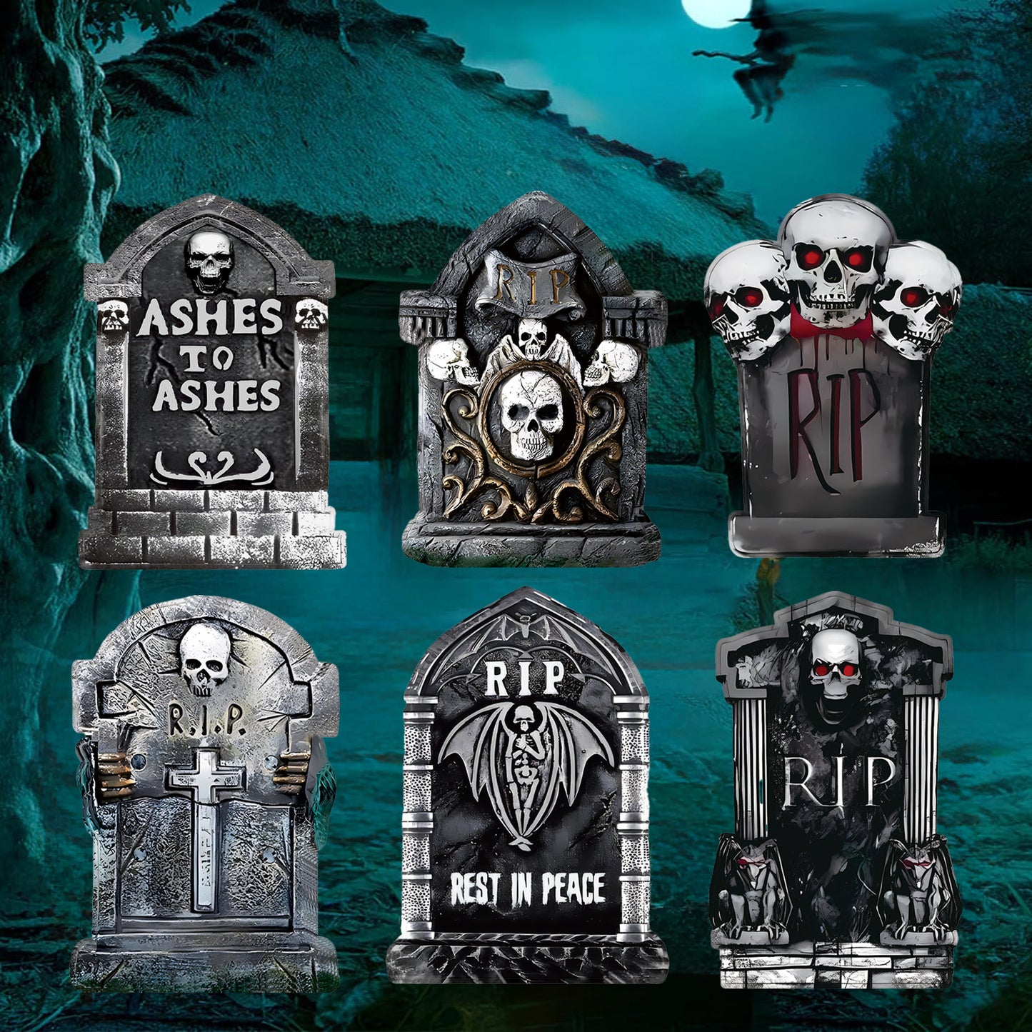 Halloween Foam RIP Tombstones, 6 Pack 15.7" Graveyard Headstone Decorations Outdoor for Halloween Lawn Yard Garden Tombstone Decor