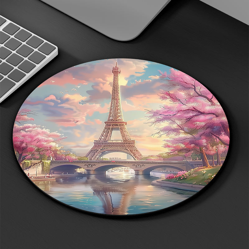 1PC Spring Eiffel Tower Pattern Round Mouse Pad, Rubber Waterproof, Portable, Non-Slip, Thickened Cartoon Desk Mat for Computer Office Use