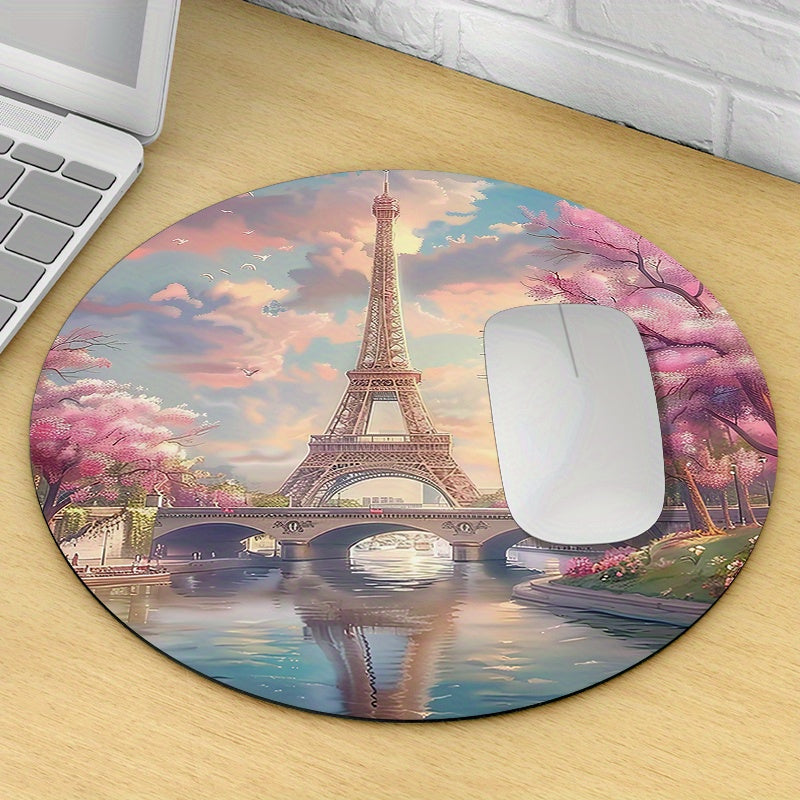 1PC Spring Eiffel Tower Pattern Round Mouse Pad, Rubber Waterproof, Portable, Non-Slip, Thickened Cartoon Desk Mat for Computer Office Use