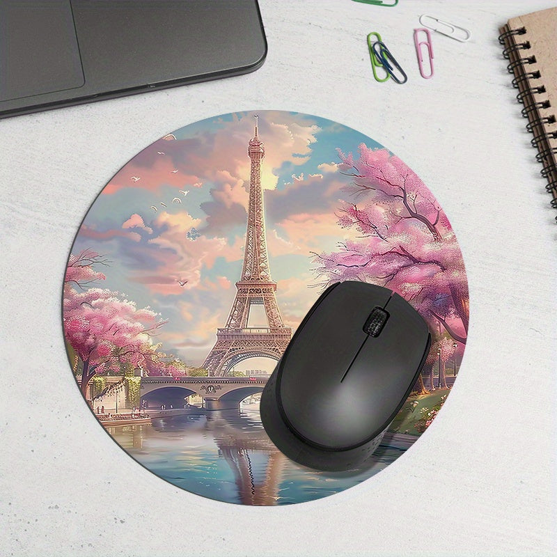 1PC Spring Eiffel Tower Pattern Round Mouse Pad, Rubber Waterproof, Portable, Non-Slip, Thickened Cartoon Desk Mat for Computer Office Use