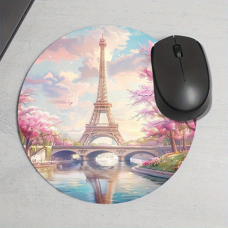 1PC Spring Eiffel Tower Pattern Round Mouse Pad, Rubber Waterproof, Portable, Non-Slip, Thickened Cartoon Desk Mat for Computer Office Use