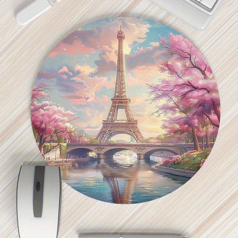 1PC Spring Eiffel Tower Pattern Round Mouse Pad, Rubber Waterproof, Portable, Non-Slip, Thickened Cartoon Desk Mat for Computer Office Use