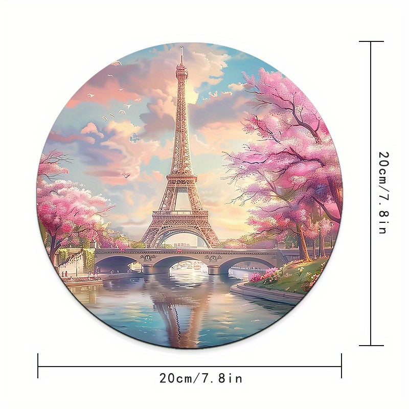 1PC Spring Eiffel Tower Pattern Round Mouse Pad, Rubber Waterproof, Portable, Non-Slip, Thickened Cartoon Desk Mat for Computer Office Use