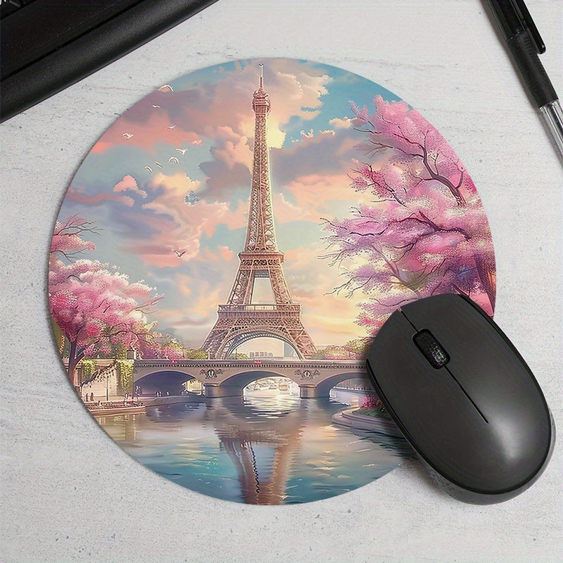 1PC Spring Eiffel Tower Pattern Round Mouse Pad, Rubber Waterproof, Portable, Non-Slip, Thickened Cartoon Desk Mat for Computer Office Use