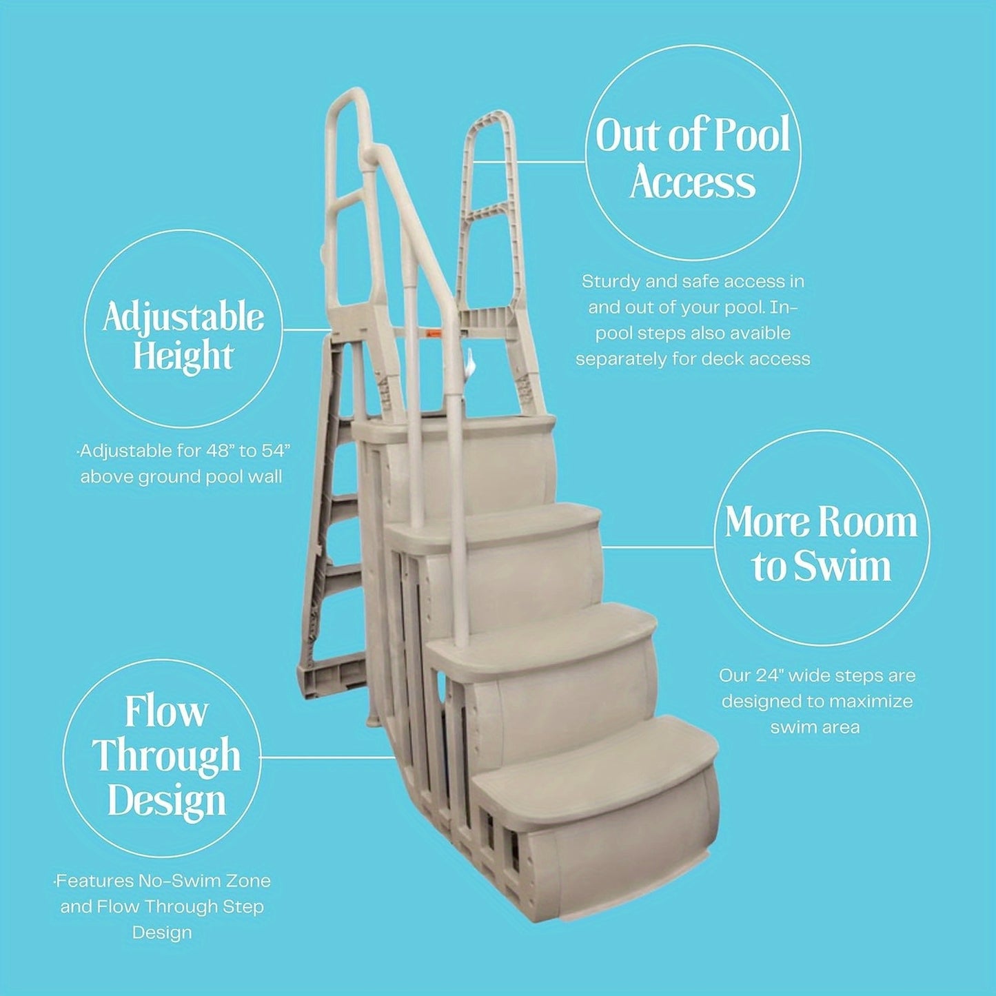 Main Access 48 to 54 Inch Heavy-Duty Adjustable Outdoor Above Ground Swimming Pool Smart Step and Climb Ladder Entry System with Handrails, Taupe