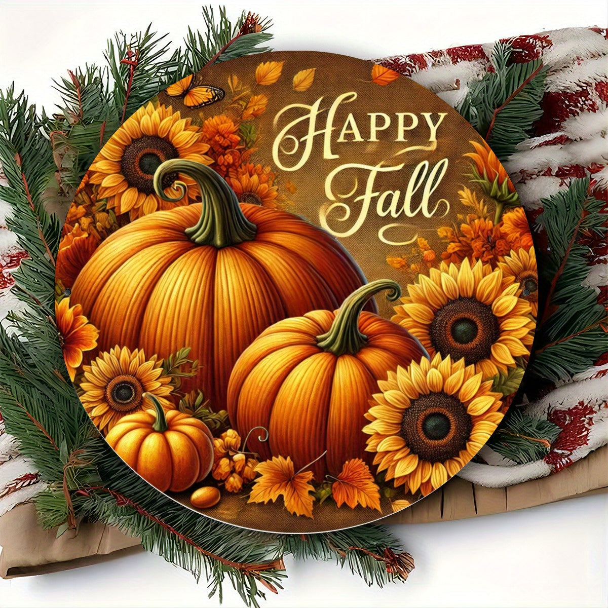 Autumn Pumpkin and Sunflower Metal Art Sign Set - Happy Fall 2D Printed Decorative Plaques, Iron Wall Decor for Home, Porch, Garden, Living Room, Gift Set, 8x8 Inches - Pack of 1