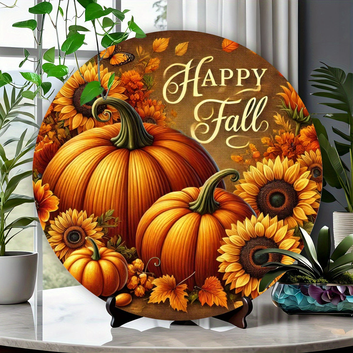 Autumn Pumpkin and Sunflower Metal Art Sign Set - Happy Fall 2D Printed Decorative Plaques, Iron Wall Decor for Home, Porch, Garden, Living Room, Gift Set, 8x8 Inches - Pack of 1